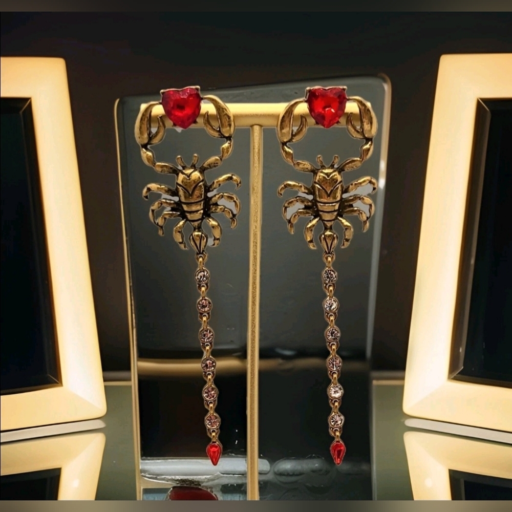 Vintage Estate Signed Red Crystal Scorpion Gold Dangle Earrings